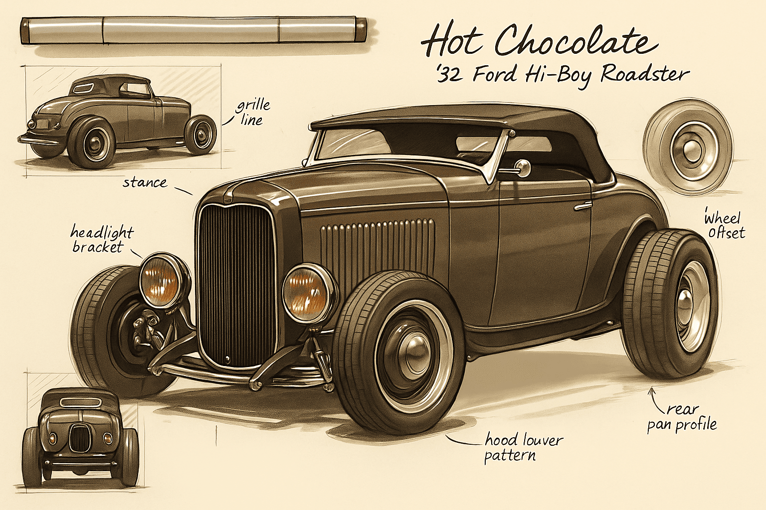 Hot Chocolate '32 Ford Hi-Boy Roadster drafting and design